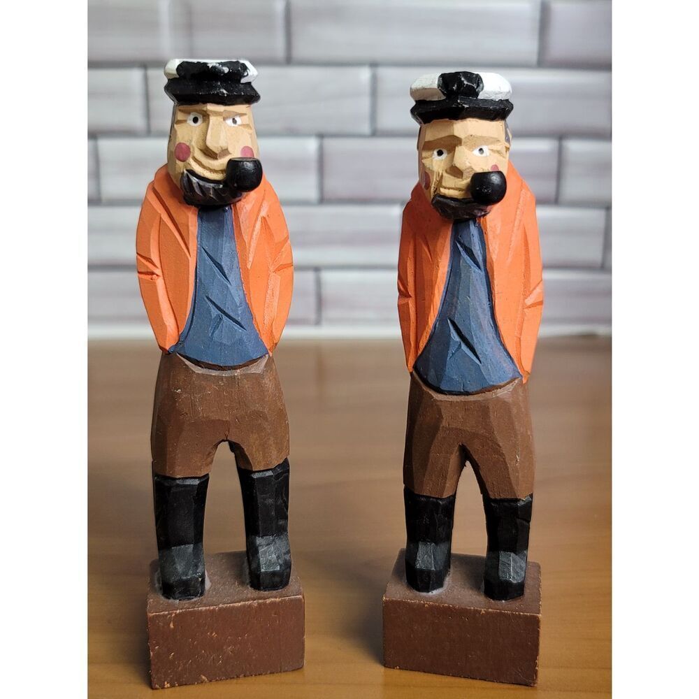 2 Wooden Carved Fisherman #A49